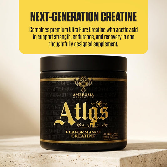 Ambrosia Atlas label preview emphasizes pure creatine for workout performance