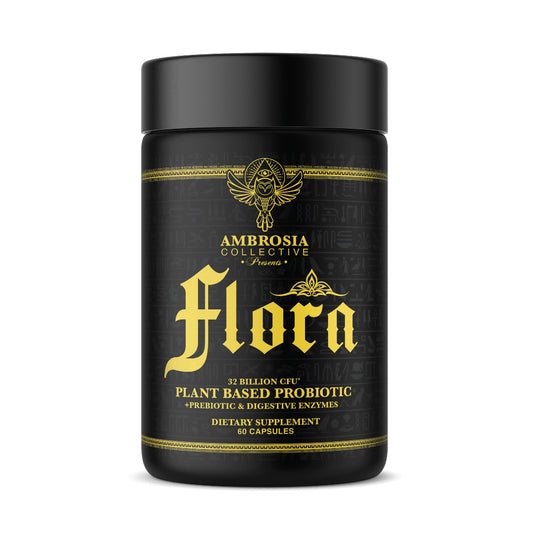 Ambrosia Flora bottle showcasing digestive enzymes for enhanced nutrient absorption.