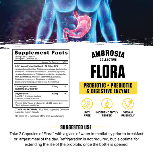 Ambrosia Flora capsules close-up emphasizing probiotic strains for gut balance.