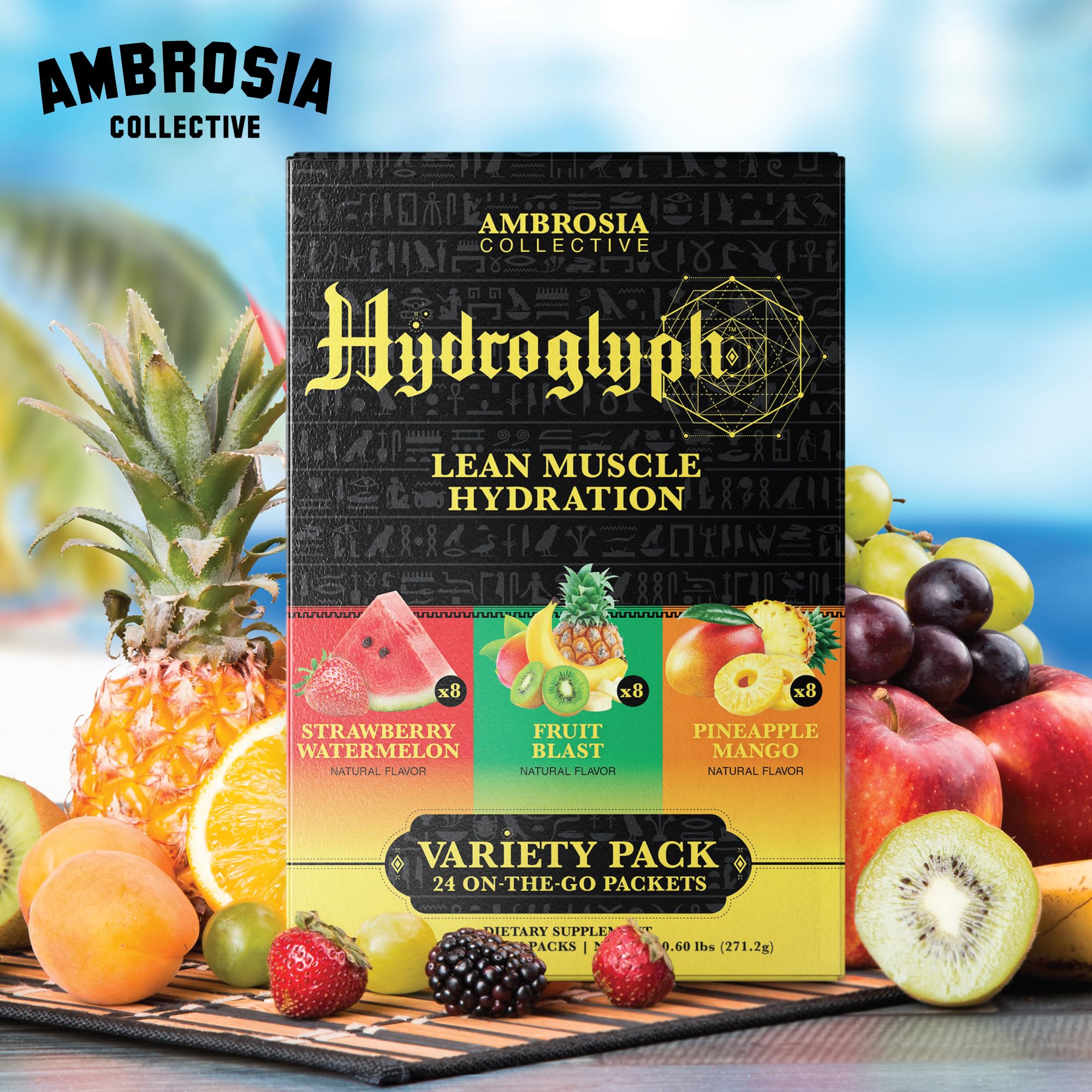 Ambrosia Hydroglyph glass with ice ready for a refreshing electrolyte drink.
