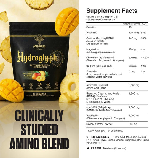Ambrosia Hydroglyph pineapple mango mix in glass for delicious hydration.