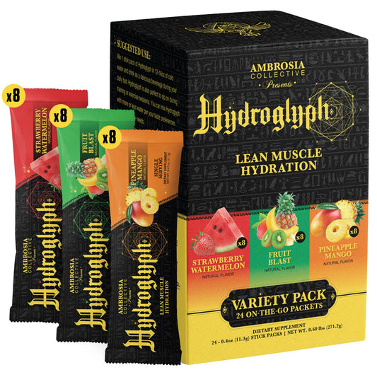 Ambrosia Hydroglyph powder in tub highlighting lean-muscle hydration during workouts.