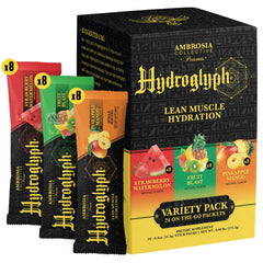 Ambrosia Hydroglyph powder in tub highlighting lean-muscle hydration during workouts.