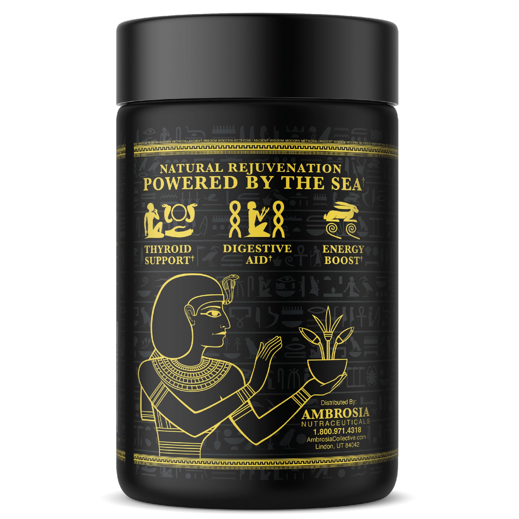Ambrosia Irish Sea Moss capsules on kitchen counter with smoothie