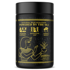 Ambrosia Irish Sea Moss capsules on kitchen counter with smoothie