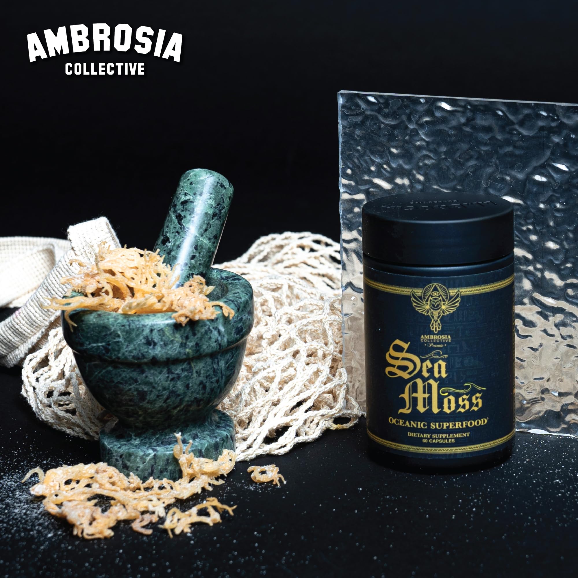 Ambrosia Irish Sea Moss capsules pouring from bottle for on-the-go use