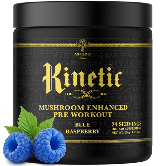 Ambrosia Kinetic blue raspberry powder tub ready for workouts