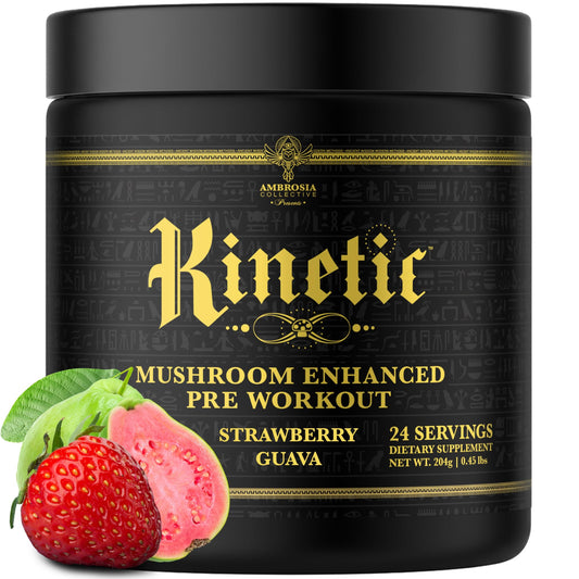 Ambrosia Kinetic bottle closeup with strawberry guava flavor for clean energy