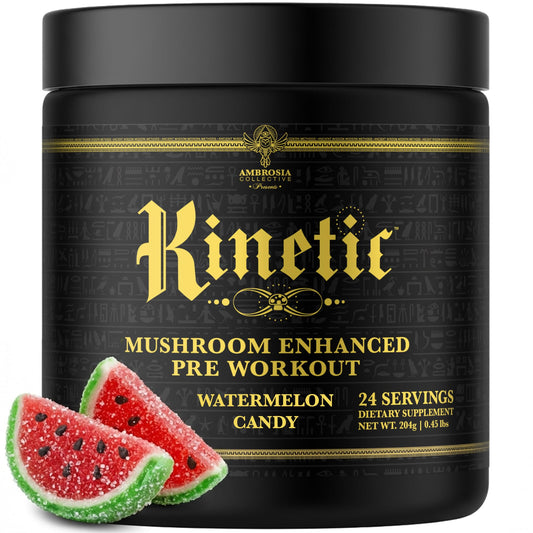 Ambrosia Kinetic watermelon candy tub prominently displayed for clean energy and focus
