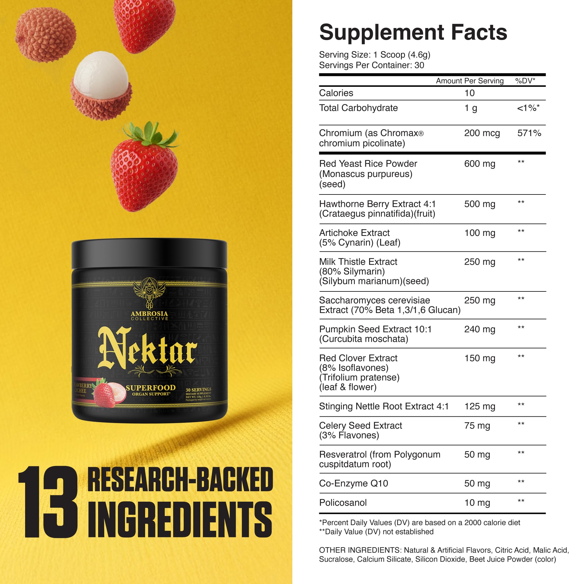 Ambrosia Nektar ingredients visual emphasizes 13 superfoods for holistic support.
