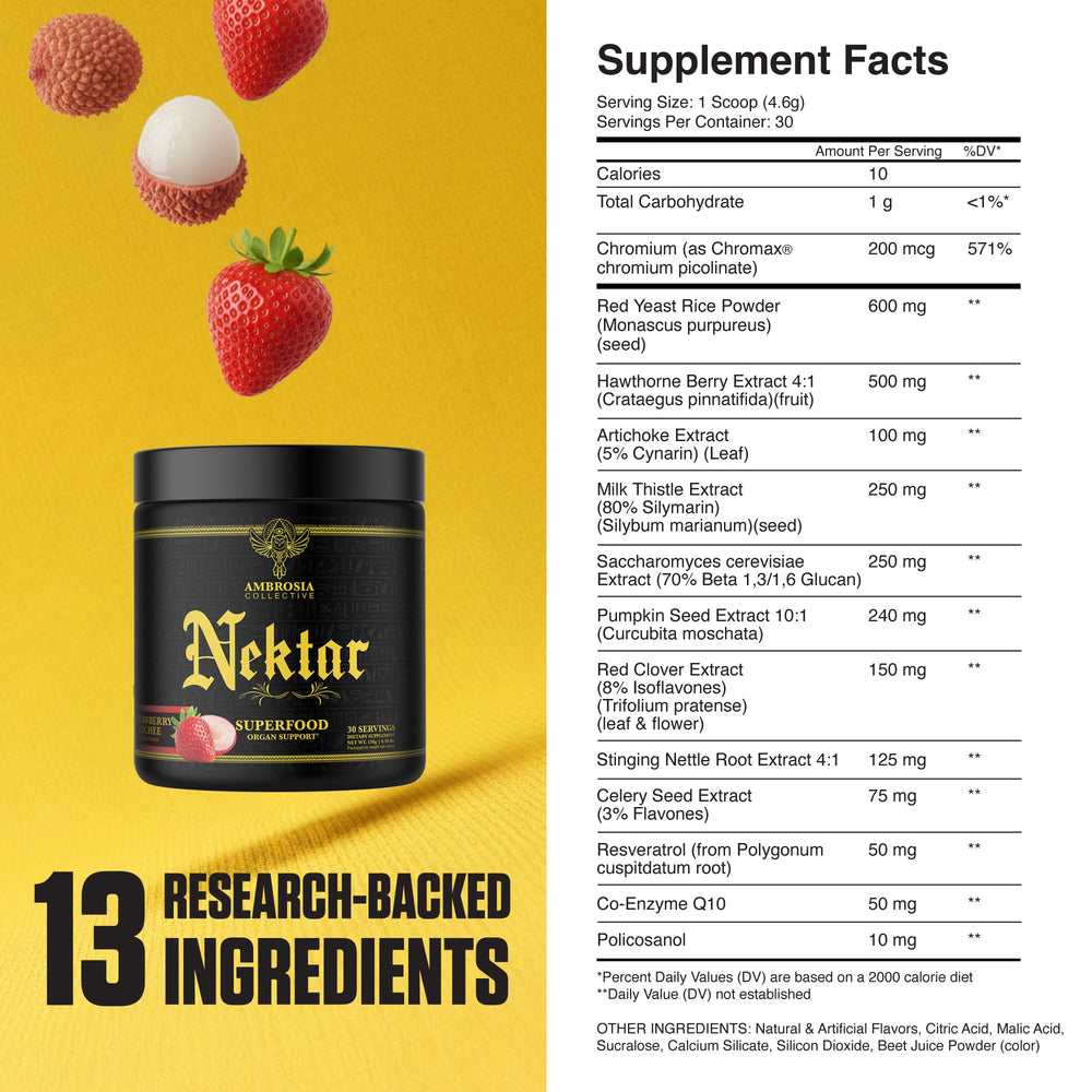Ambrosia Nektar ingredients visual emphasizes 13 superfoods for holistic support.