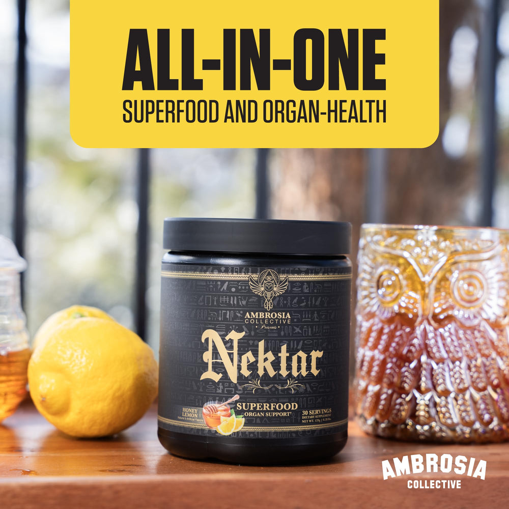 Measuring spoon beside glass for a quick Ambrosia Nektar dose