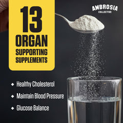 Ambrosia Nektar powder dissolving in water for a quick nutritious drink.