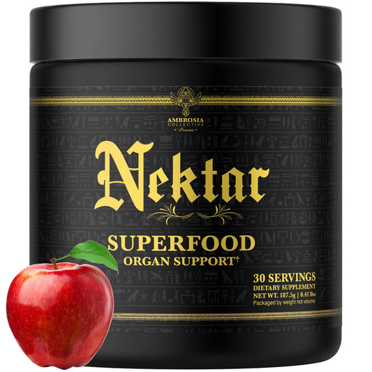 Ambrosia Nektar powder tub front label featuring 13 superfoods for daily wellness