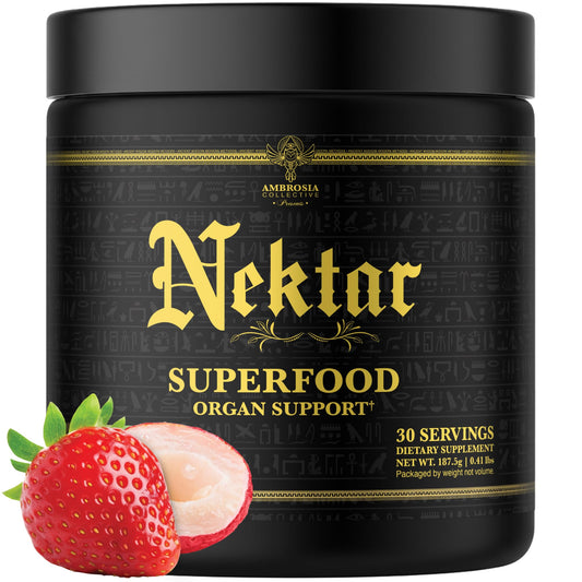 Ambrosia Nektar tub with scoop showing convenient daily energy and digestion support.