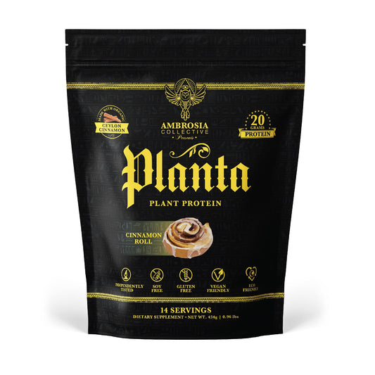 Ambrosia Planta Cinnamon Roll protein bottle for daily vegan fueling