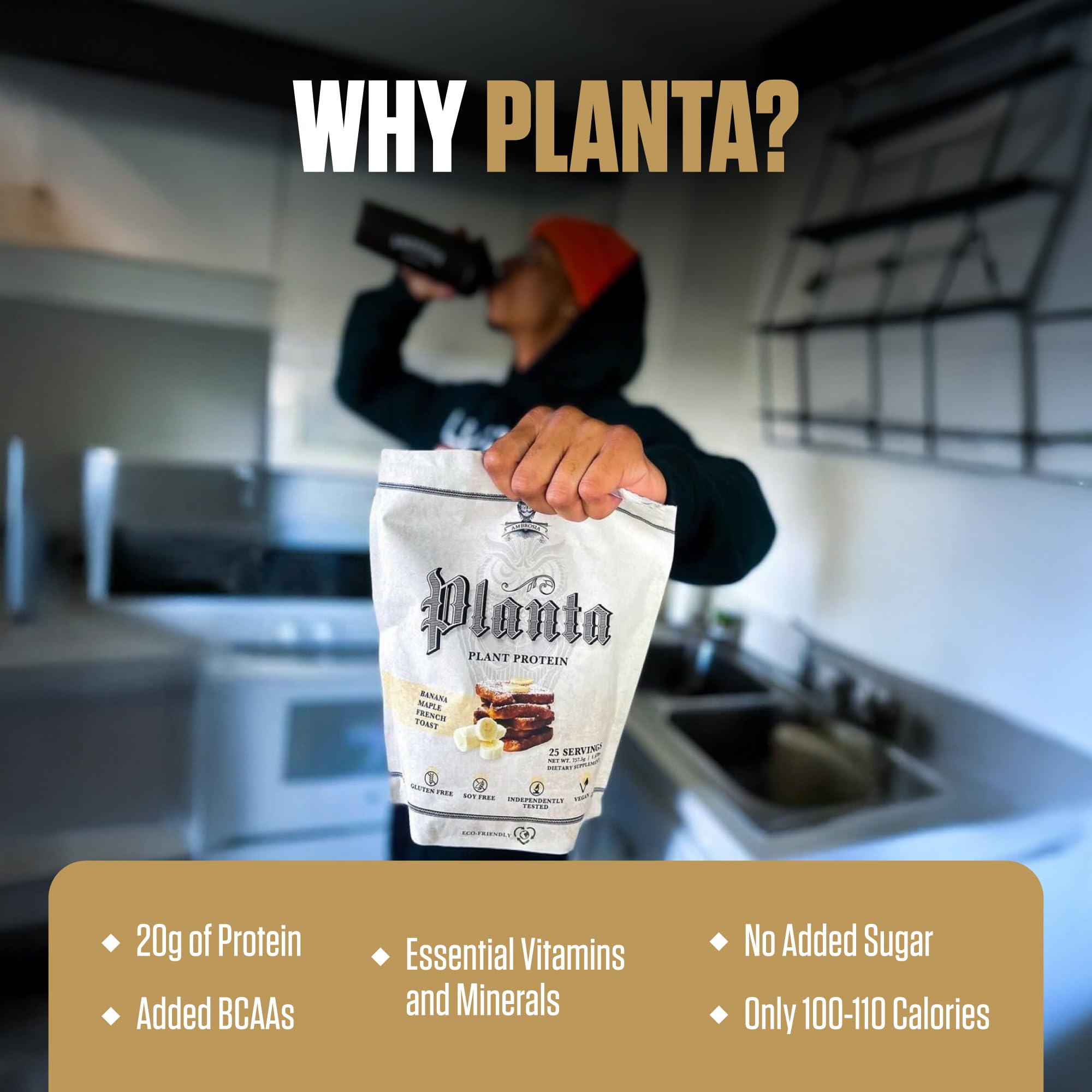 Ambrosia Planta glass with banana maple shake, smooth nutrition experience.
