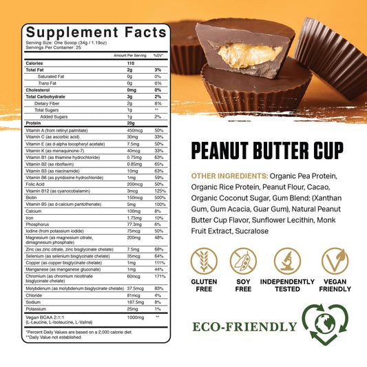Ambrosia Planta scoop showing blend of pea, rice, and fermented sunflower protein.