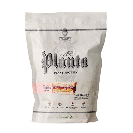 Ambrosia Planta jar front showing 20g protein per serving for active lifestyles.