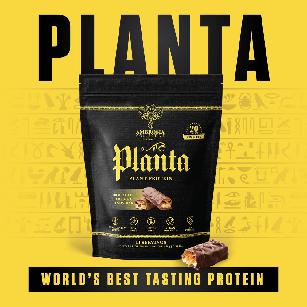 Ambrosia Planta packaging front presents premium, no-added-sugar protein container.