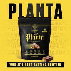 Ambrosia Planta packaging front presents premium, no-added-sugar protein container.