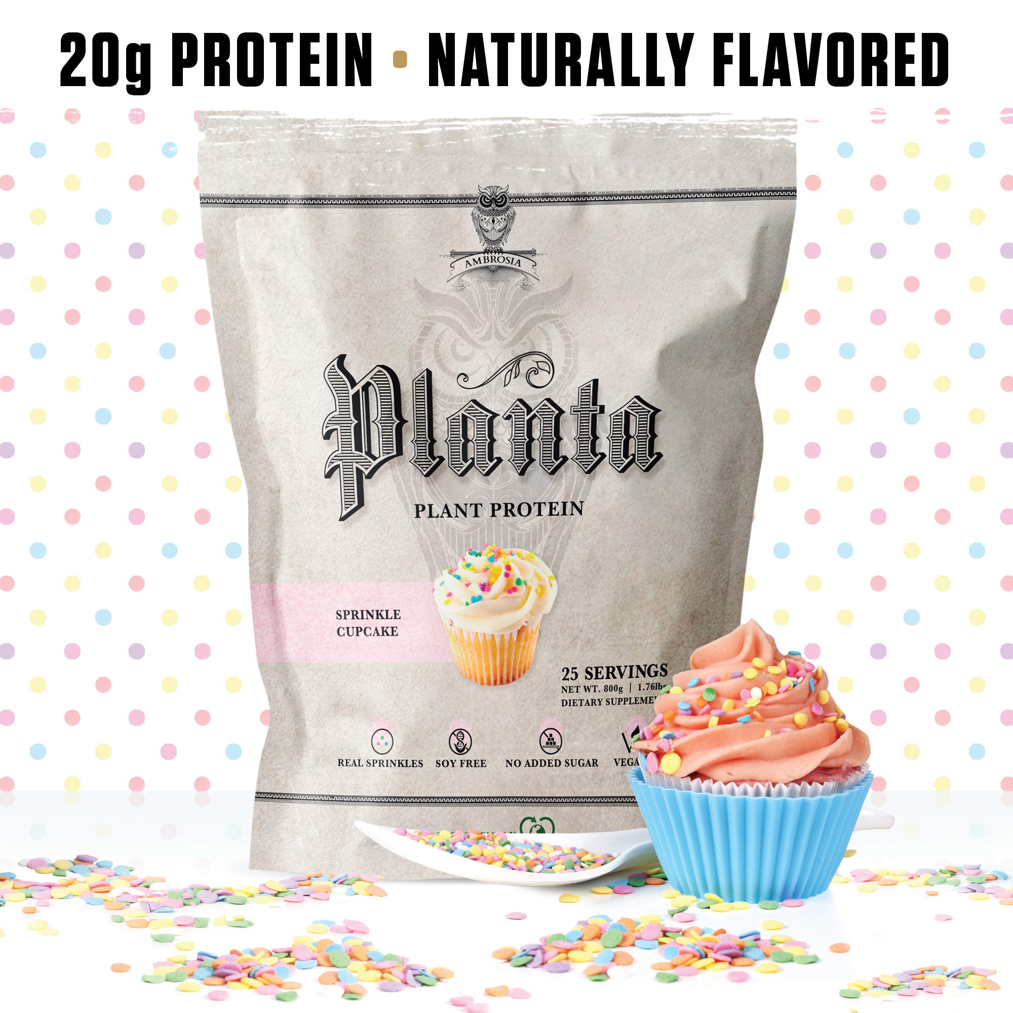 Ambrosia Planta packaging tub highlighting keto-friendly, no added sugar nutrition