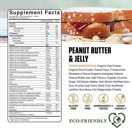 Ambrosia Planta powder scoop beside bottle—plant-based, dairy-free protein option.