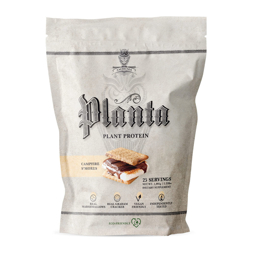 Ambrosia Planta protein bottle with Campfire Smores flavor, ideal for post-workout vegan recovery.