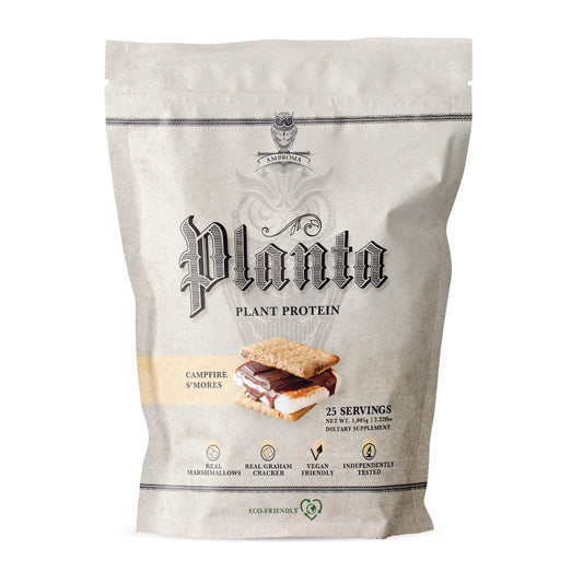 Ambrosia Planta protein bottle with Campfire Smores flavor, ideal for post-workout vegan recovery.
