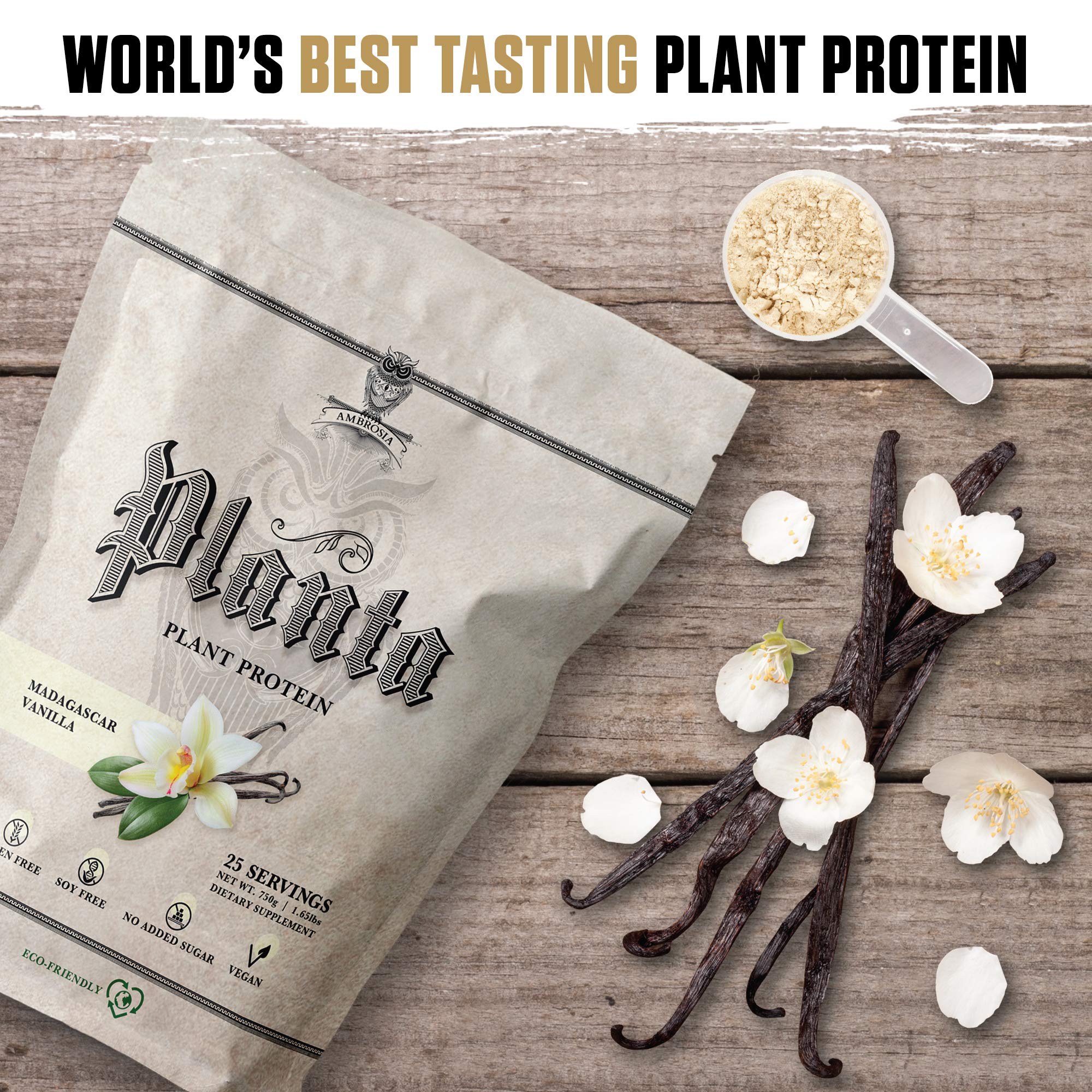 Ambrosia Planta ingredients shot featuring pea, brown rice, and sunflower protein sources.