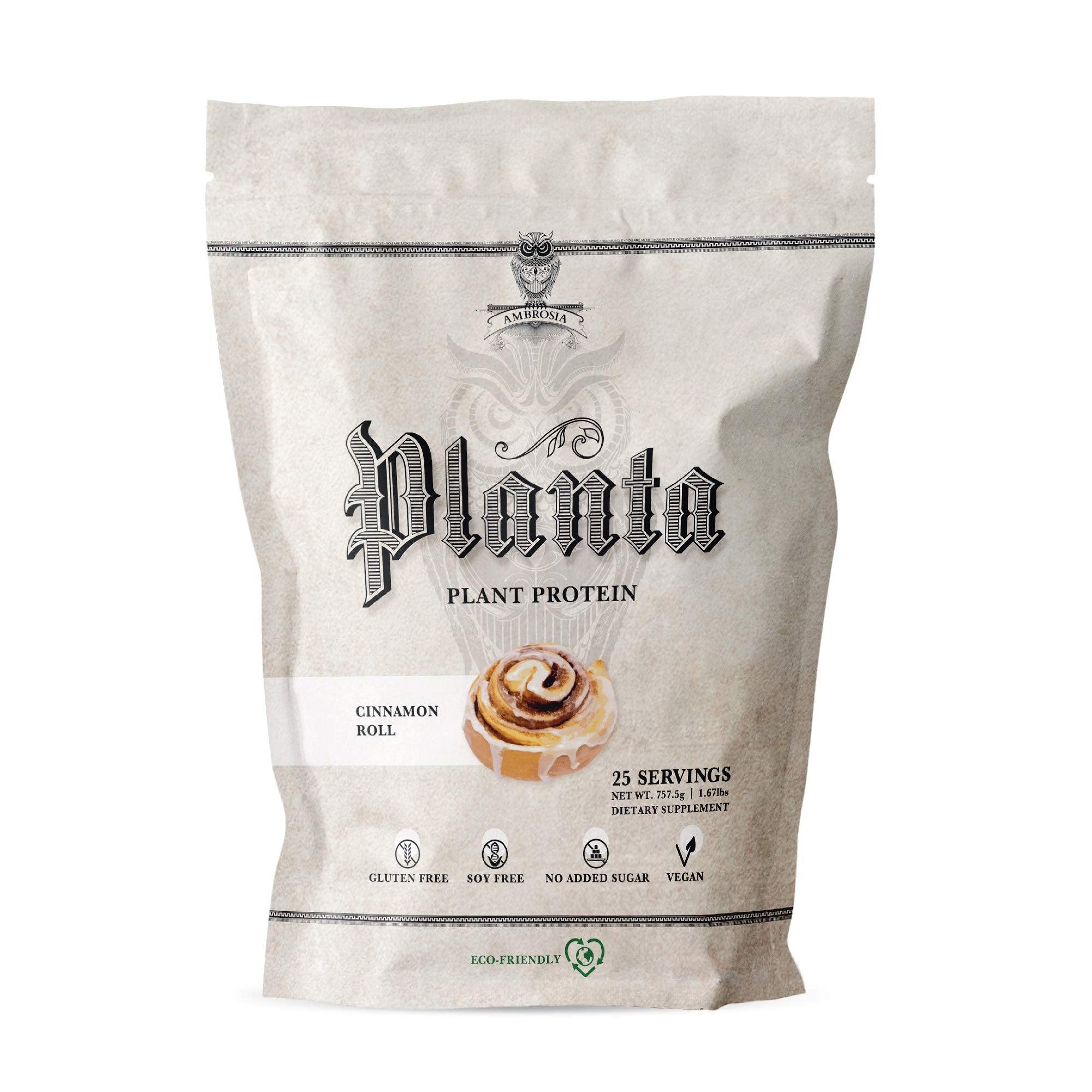 Ambrosia Planta cinnamon roll protein powder tub for dairy-free, complete protein.