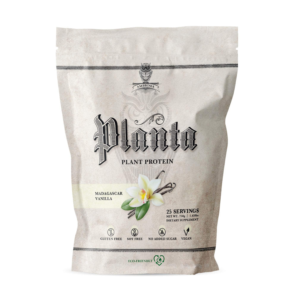 Ambrosia Planta vanilla protein powder bottle with complete amino profile for plant-based fueling.