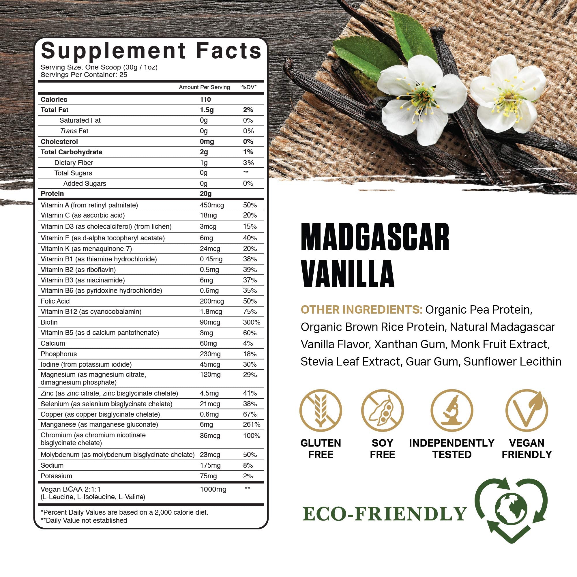 Ambrosia Planta vanilla protein powder scoop showing 20g protein per serving for energy.
