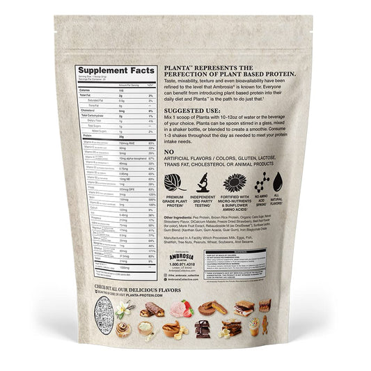 Ambrosia Planta protein scoop beside shaker bottle for on-the-go convenience