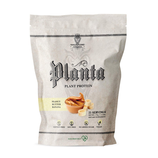 Ambrosia Planta protein scoop close-up highlighting 20 g protein per serving.