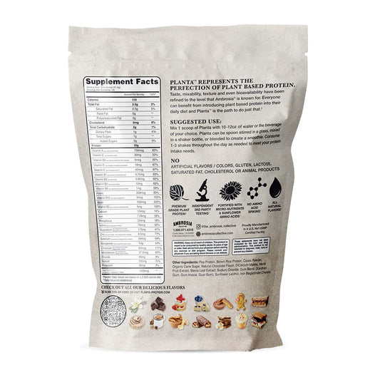 Ambrosia Planta scoop reveals 20 g protein per serving.