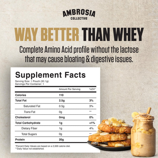 Ambrosia Planta scoop beside water, convenient post-workout option.