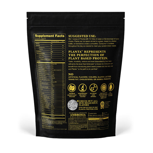 Ambrosia Planta shake glass with creamy plant protein for post-workout recovery.