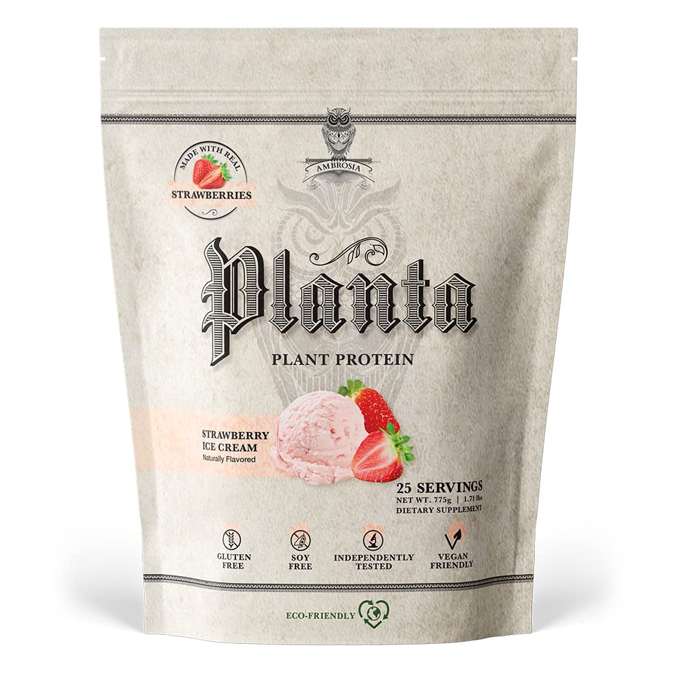 Ambrosia Planta strawberry ice cream powder jar for a dairy-free protein boost