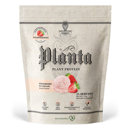 Ambrosia Planta strawberry ice cream powder jar for a dairy-free protein boost