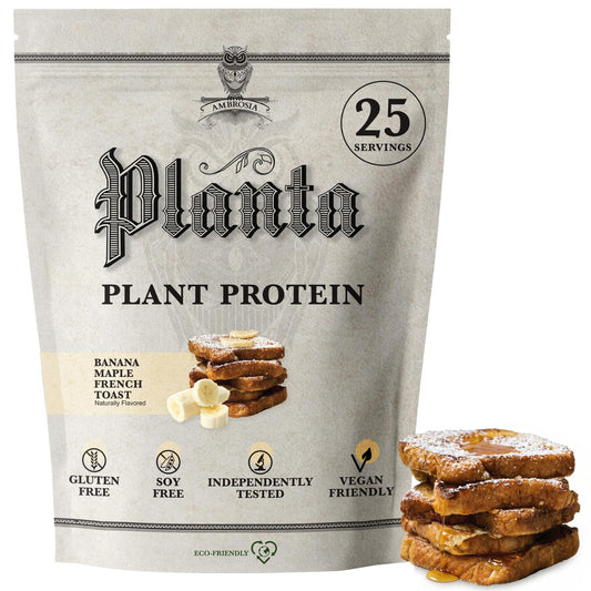 Ambrosia Planta tub with banana maple flavor, ideal daily protein.