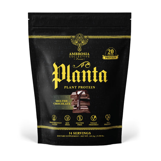Ambrosia Planta tub with melted chocolate flavor for convenient plant-based protein.