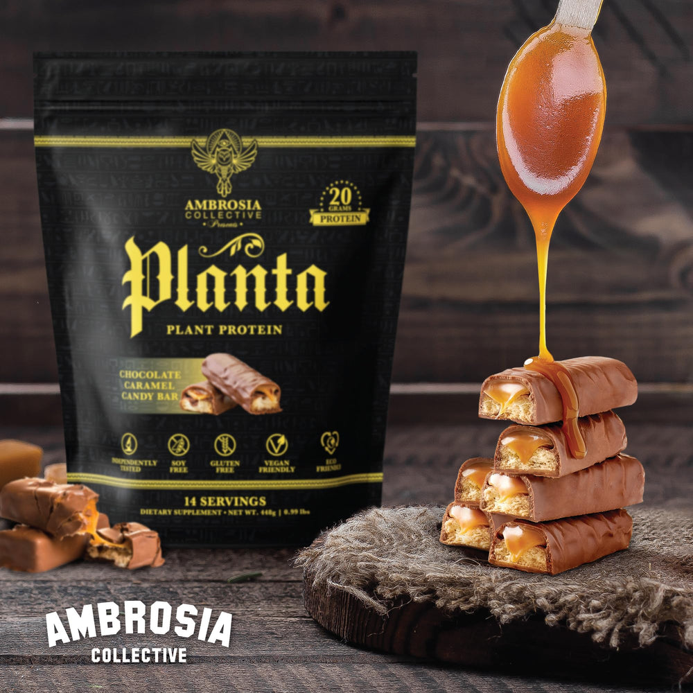 Ambrosia Planta vegan-keto badge confirms gluten-free and soy-free protein options.