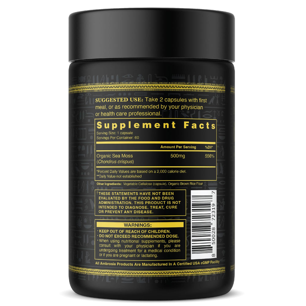 Ambrosia sea moss capsules packaging showcasing 500 mg per serving