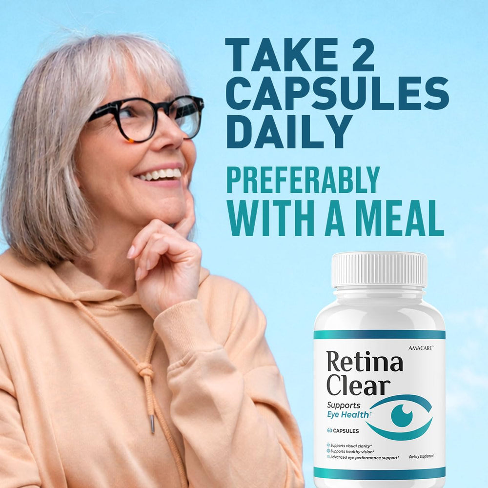 AMACARE Retina Clear packaging flatlay with bottle and capsules in lifestyle setting.