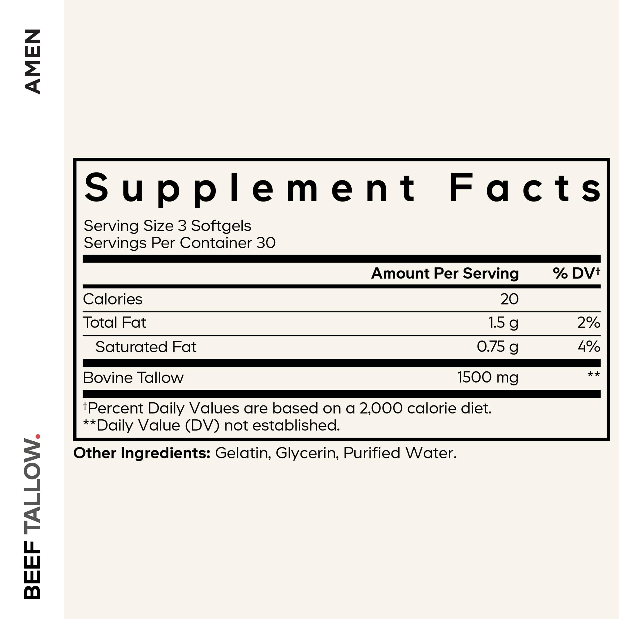 Amen Beef Tallow capsules closeup showing easy-to-swallow softgels.