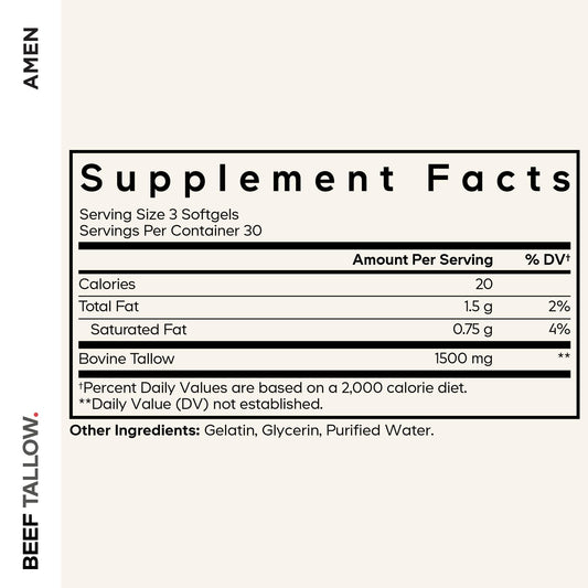 Amen Beef Tallow capsules closeup showing easy-to-swallow softgels.