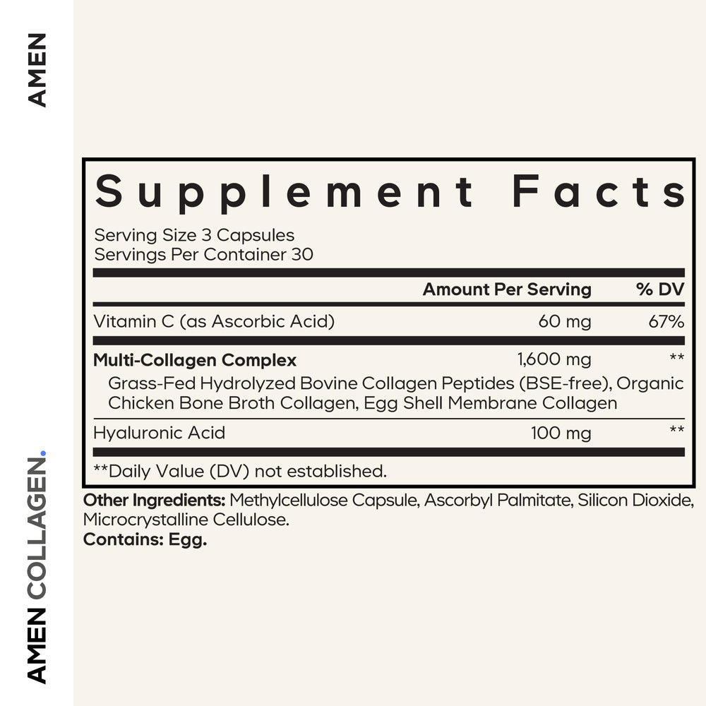 Amen collagen types I II III V X closeup, showcasing diverse collagen variety for holistic support.