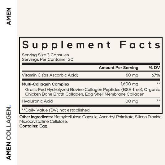 Amen collagen types I II III V X closeup, showcasing diverse collagen variety for holistic support.