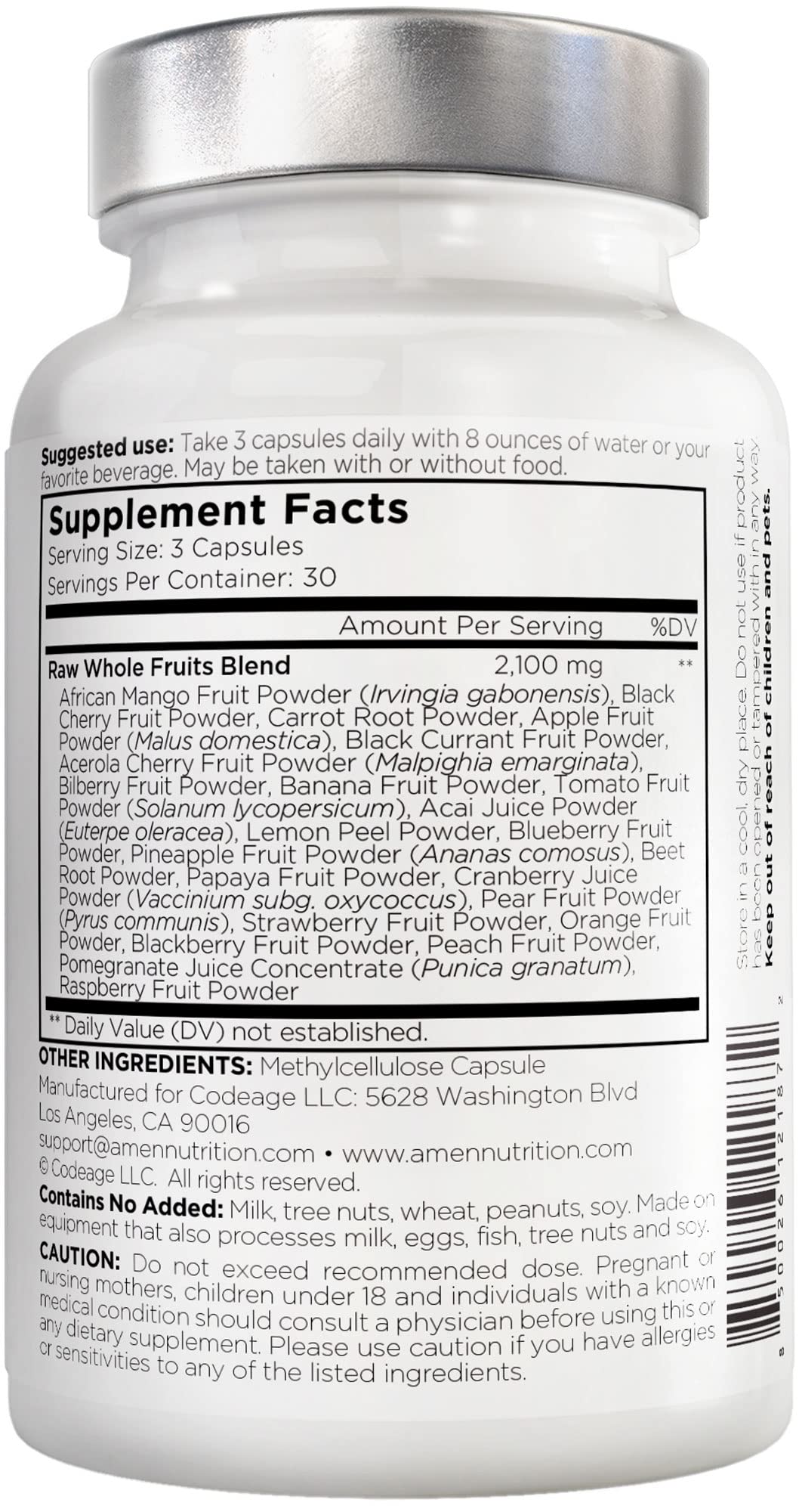Bottle with lemon and orange powder accents from Amen Fruits for a tasty daily supplement.